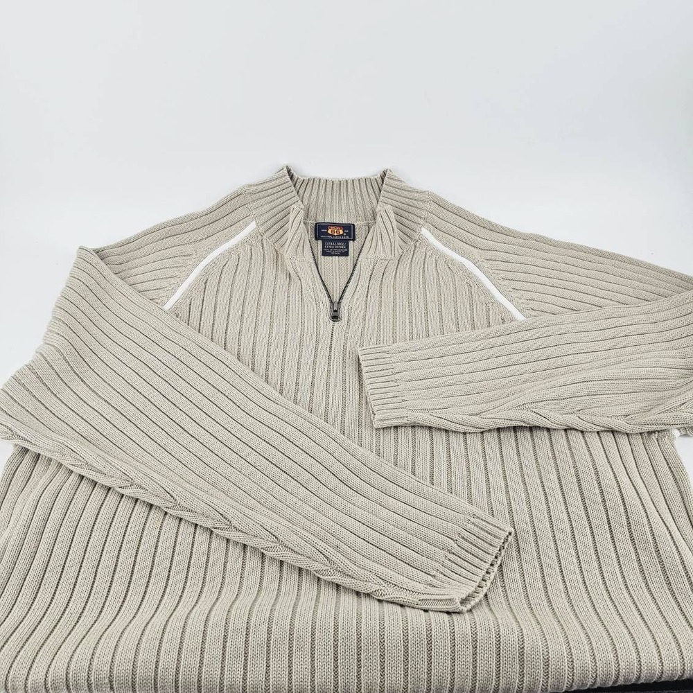 Route 66 Sweater Mens XL Beige Good Quarter Zip Ribbed Cotton Knit Stripe